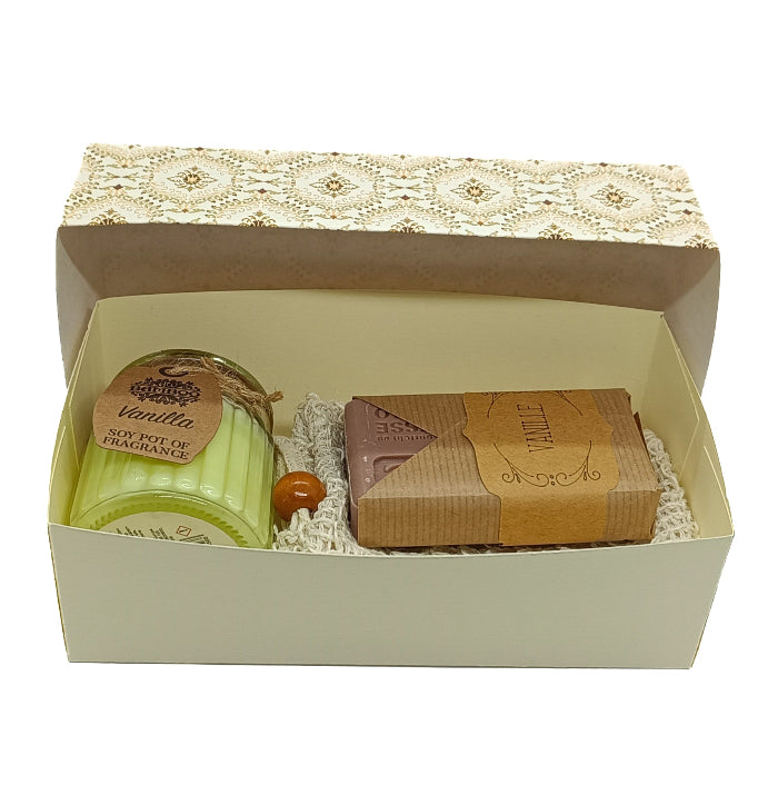 Cadeaupakket Vanille met natuurlijke zeep en geurkaars met mooie verpakking