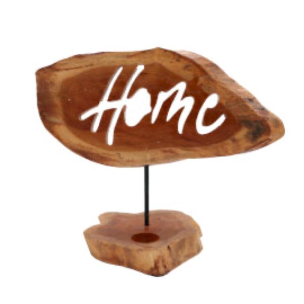 Kaarsenhouder met 'Home' bord, een stijlvolle en uitnodigende decoratie. De houder biedt ruimte voor een kaars en het bord draagt de tekst 'Home' voor een gezellige sfeer.