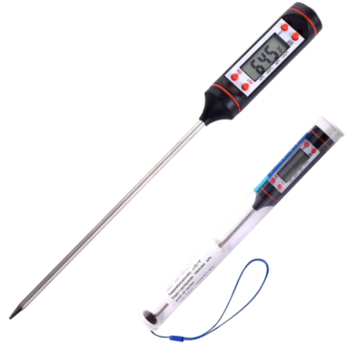 Digitale thermometer met roestvrijstalen sonde, zwart en rood, geschikt voor het meten van sojawax en voedsel zoals vlees op de BBQ. Nauwkeurige metingen van -50°C tot 300°C met °C/°F omschakeling en energiebesparende uitschakeling.